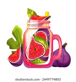 Cocktail mit Feigen. Ein erfrischendes Getränk in einer Dose mit Feigen. Sommersaft mit Feigen. Smoothie mit frischen Früchten. Limonade mit Feigen. Vektorillustration.