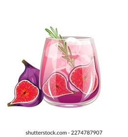 Cocktail with figs.Refreshing alcoholic drink with slices of figs, rosemary.Vector illustration.