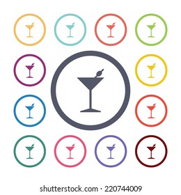 cocktail flat icons set. Open round colorful buttons. Vector 