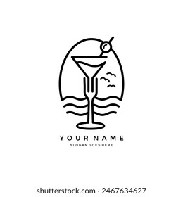 cocktail, fork and beach minimalist logo design. vector illustration of cafe, bar, restaurant business sign on the beach