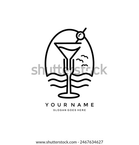 cocktail, fork and beach minimalist logo design. vector illustration of cafe, bar, restaurant business sign on the beach