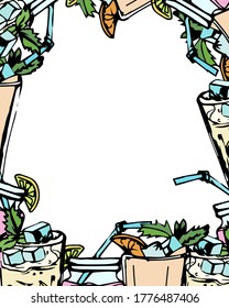 Cocktail frame for bar menu design. The frame of lemonades is colored for the menu of the summer cafe. Set of colored drinks with ice, straw, mint, fruit slices.