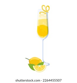 Cocktail French 75. Alcohol drink with Gin, Lemon, Sugar Syrup, Champagne isolated on white background. Cute Vector illustration for Valentine's day, Women Romantic holiday