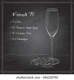 Cocktail French 75 on black board, one of the most famous cocktails in the world.  Consisting of Gin, Lemon, Sugar Syrup, Champagne.