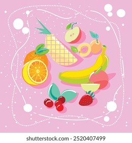 A cocktail with fresh fruits, a brightness poster for your cocktail party or cocktail bar, еlectric colors. 