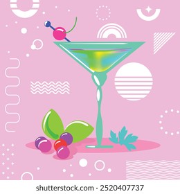 A cocktail with fresh fruits, a brightness poster for your cocktail party or cocktail bar, еlectric colors. 