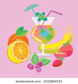 A cocktail with fresh fruits, a brightness poster for your cocktail party or cocktail bar, еlectric colors. 