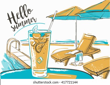 cocktail with fresh lime at the beach, umbrellas and  sunbeds. Vector watercolor illustration