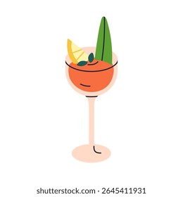 Cocktail, fruit drink in glass. Refreshing tropical beverage with tomato, lemon, leaf decor. Festive summer party alcohol refreshment in stemware. Flat vector illustration isolated on white background