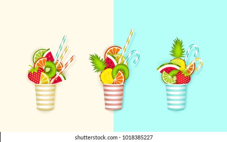 Cocktail of fruit falling in a glass, 3d, Pastel. Creative abstract background with place for advertising text, paper cut style. Minimalist summer food concept. Vector illustration