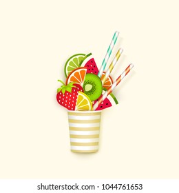 Cocktail of fruit falling in a glass, 3d, Pastel. Creative abstract background. Paper cut style. Minimalist summer food concept. Vector illustration