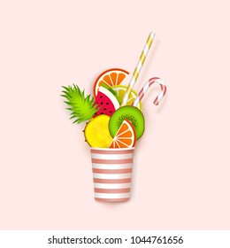 Cocktail of fruit falling in a glass, 3d, Pastel. Creative abstract background. Paper cut style. Minimalist summer food concept. Vector illustration