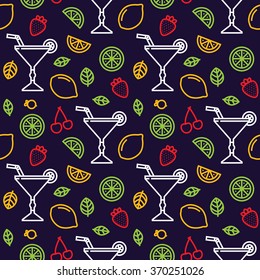 Cocktail, fruits and berries seamless navy vector pattern