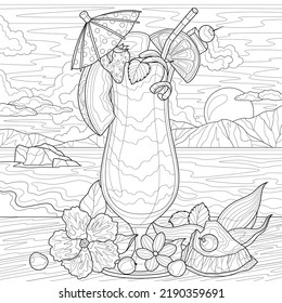  Cocktail with fruits by the sea.Coloring book antistress for children and adults. Illustration isolated on white background.Zen-tangle style. Hand draw