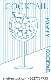 Cocktail with fruits in glasses. Summer party, cocktail party, night club. Set of flat posters, labels. Pattern of hand drawn lines blue and white.