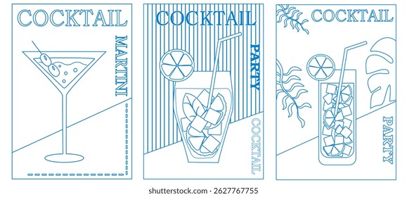 Cocktail with fruits in glasses. Summer party, cocktail party, night club. Set of flat posters, labels. Pattern of hand drawn lines blue and white.