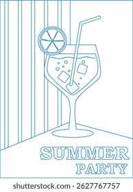 Cocktail with fruits in glasses. Summer party, cocktail party, night club. Set of flat posters, labels. Pattern of hand drawn lines blue and white.