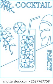 Cocktail with fruits in glasses. Summer party, cocktail party, night club. Set of flat posters, labels. Pattern of hand drawn lines blue and white.