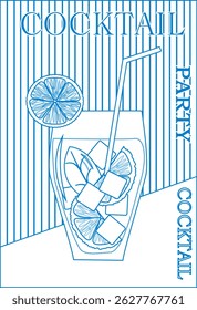 Cocktail with fruits in glasses. Summer party, cocktail party, night club. Set of flat posters, labels. Pattern of hand drawn lines blue and white.