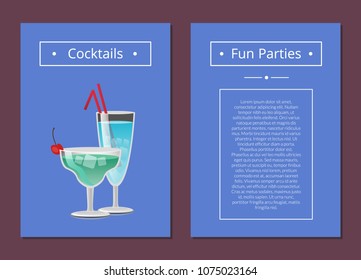 Cocktail fun parties classic summer alcohol drinks advert poster with blue cocktails in martini glass, with straw decorated by cherry on top vector