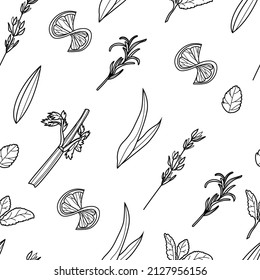 Cocktail garnish seamless pattern. Vector line art illustration. Lemon and herbs