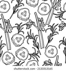 Cocktail garnish seamless pattern. Vector line art illustration. Food and herbs