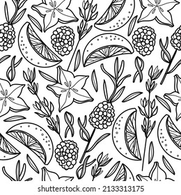 Cocktail garnish seamless pattern. Vector line art illustration. Food and herbs