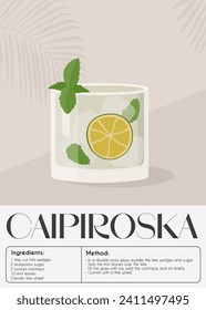 Cocktail garnished with slice of lime and mint. Classic alcoholic beverage recipe. Summer aperitif poster. Minimalist trendy print with alcoholic drink and palm shadow. Vector illustration.