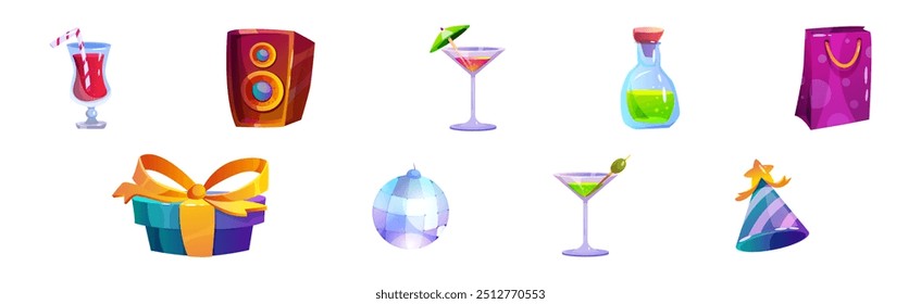 Cocktail, Gift Box, Cap and Disco Ball as Festival and Birthday Party Element Vector Illustration Set