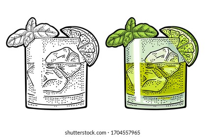 Cocktail gin basil smash. Vintage color vector engraving illustration for label, poster, invitation to party. Isolated on white background