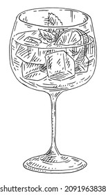 Cocktail gin tonic with slice lemon or lime and mint leaves. Vintage vector engrave monochrome black illustration. Isolated on white background. Hand drawn hatching