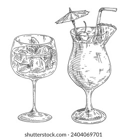 Cocktail gin tonic with slice lemon or lime and mint leaves. Pina colada with slice pineapple and straw in highball glass. Vintage vector engrave monochrome black illustration. Isolated on white