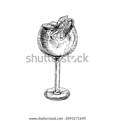 Cocktail gin tonic with slice lemon or lime and mint leaves. Vintage hatching vector black illustration. Isolated on white background