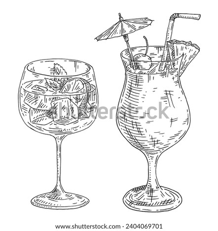 Cocktail gin tonic with slice lemon or lime and mint leaves. Pina colada with slice pineapple and straw in highball glass. Vintage vector engrave monochrome black illustration. Isolated on white