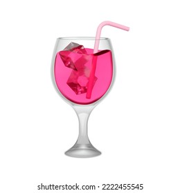 Cocktail in glass 3d object. pink alcoholic cocktail with ice cube and straw. Isolated on transparent background