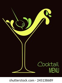 Cocktail glass with abstract splashes and olive. Design for drinks bar menu or cocktail party invitation