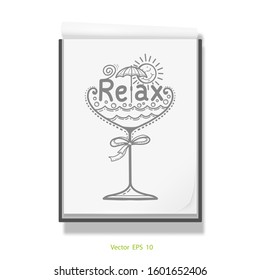 Cocktail glass .Beach vacation ,holiday .Open notebook for drawing .White sketchbook .Vector illustration .	