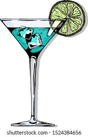 cocktail glass with beverage, ice cube and slice of lemon. Vector color  illustration of stemware in ink hand drawn style. isolated on white.