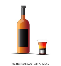 Cocktail glass with brandy or whiskey and bottle label isolated on white background. Vector illustration 