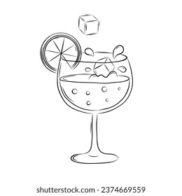 Cocktail Glass of Champagne with Orange Slice and Ice Cubes Decorative Element in Doodle Style. Simple Vector Illustration.