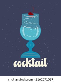 cocktail in a glass glass with a cherry. cocktail lettering