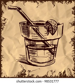 Cocktail glass with citrus segment isolated on vintage background. Hand drawing sketch vector illustration