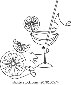 Cocktail in a glass with a citrus wedge. Continuous line drawing. Vector illustration.