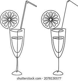 Cocktail in a glass with a citrus wedge. Continuous line drawing. Vector illustration.