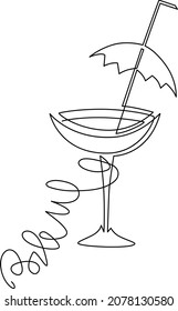 Cocktail in a glass with a citrus wedge. Continuous line drawing. Vector illustration.