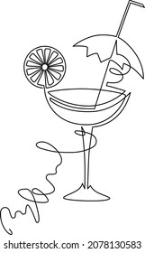 Cocktail in a glass with a citrus wedge. Continuous line drawing. Vector illustration.