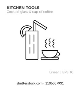Cocktail glass and coffee cup vector linear icon. Flat style illustration of kitchen tools. Isolated on white.