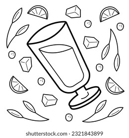 Cocktail glass with cold drink surrounded by ice cubes and citrus pieces. Doodle black and white vector illustration.
