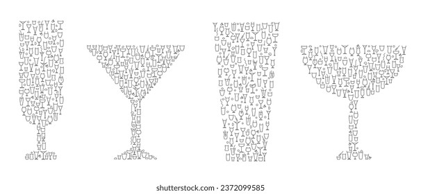 Cocktail glass different form for juice or alcohol drinks in minimal creative style. Set creative silhouettes from small elements. Art decoration for design banner, menu. Vector retro illustration.