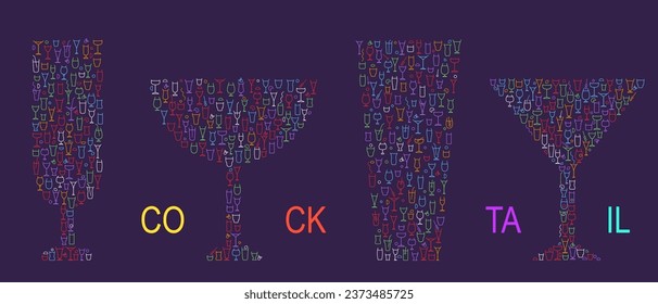 Cocktail glass different form for juice or alcohol drinks in minimal creative style. Set creative silhouettes from small elements. Art decoration for design banner, menu. Vector retro illustration.